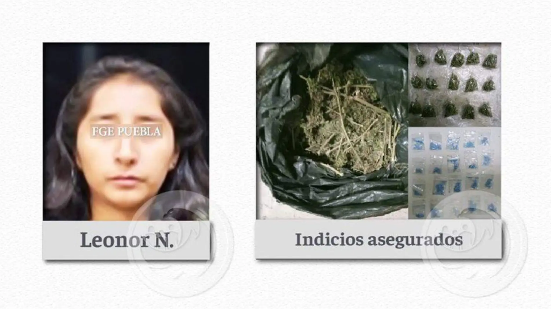 la Fiscalía General del Estado de Puebla, detuvo a Leonor N, en posesión de posible marihuana y metanfetamina